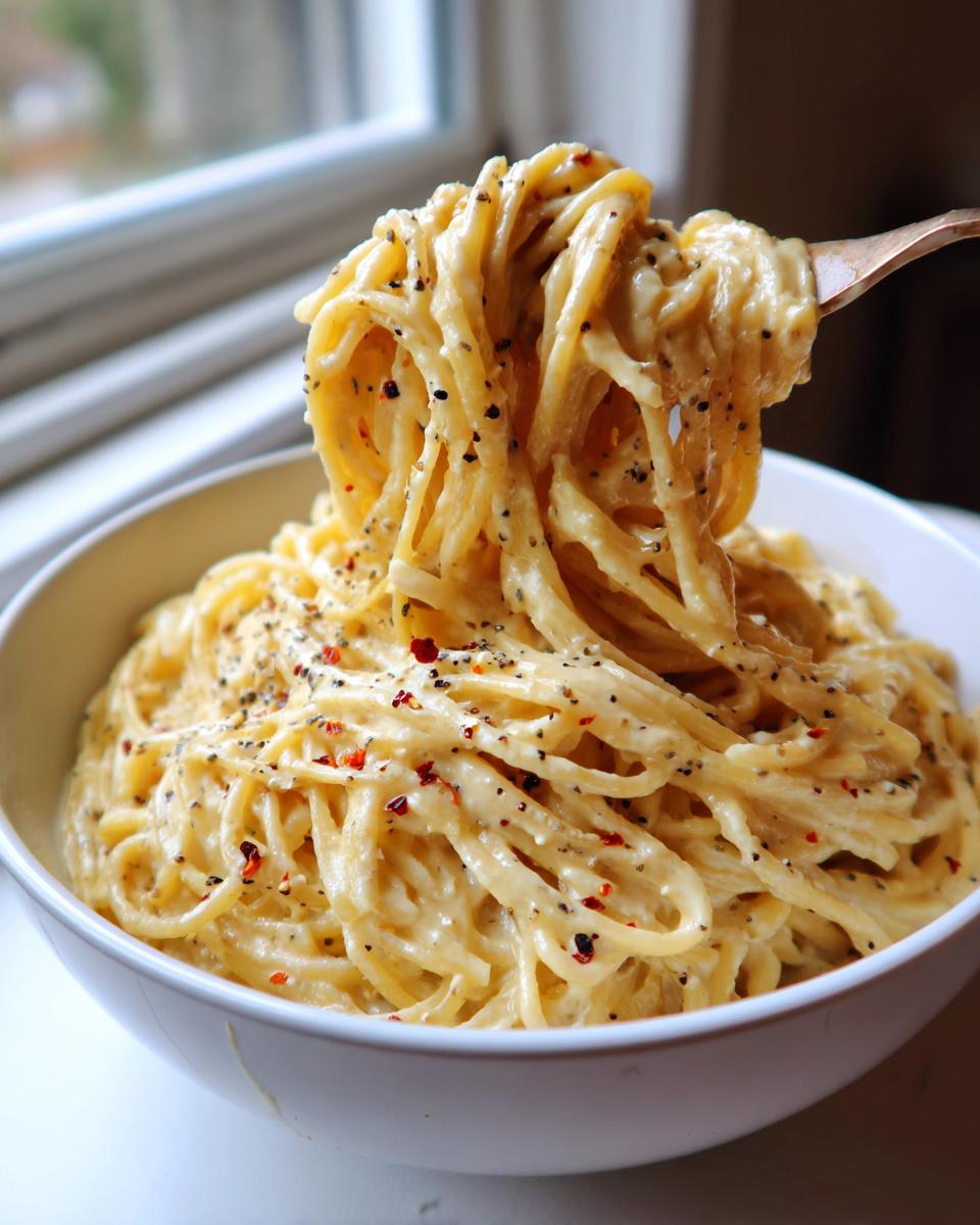 Close-up of creamy garlic parmesan pasta being lifted on a fork from a white bowl, topped with pepper.