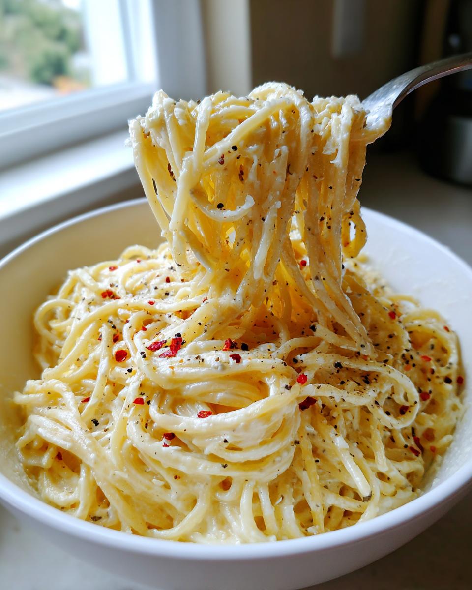 A fork lifts creamy spaghetti coated in garlic parmesan sauce, topped with black pepper and red pepper flakes.