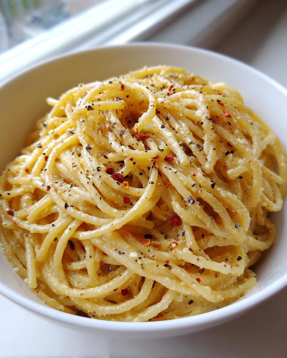 Close-up of creamy spaghetti coated in a rich sauce, seasoned heavily with black pepper and red pepper flakes, representing garlic parmesan.