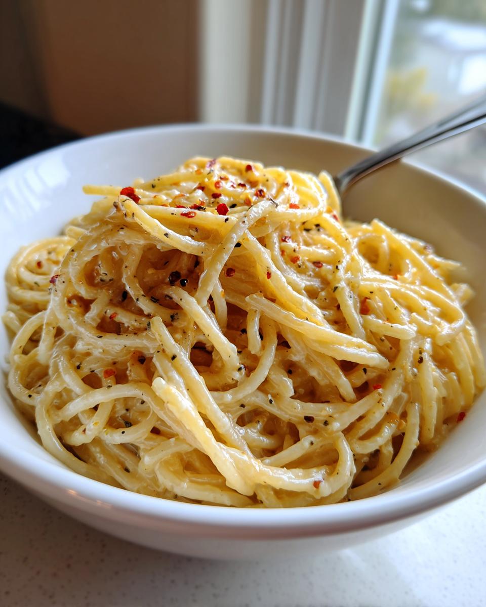 Close-up of creamy spaghetti coated in a rich garlic parmesan sauce, topped with black pepper and red pepper flakes.