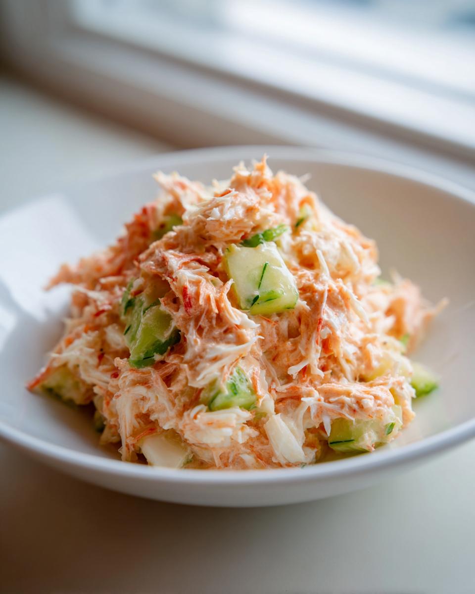 A close-up serving of creamy kani salad mixed with visible chunks of fresh cucumber in a white bowl.