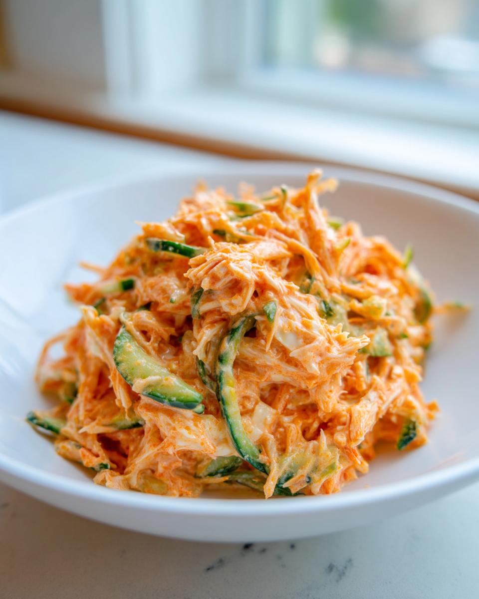 A close-up shot of a serving of vibrant orange and white kani salad mixed with thin ribbons of green cucumber.