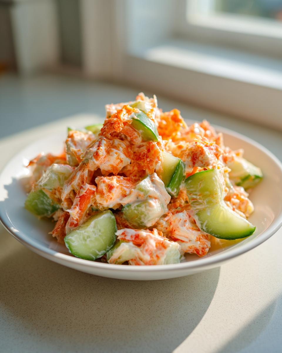 A close-up of a creamy kani salad mixed with chunks of cucumber, served in a white bowl.