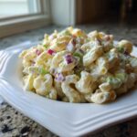 Close-up of creamy macaroni salad featuring elbow pasta, diced red onion, and celery in a white bowl.