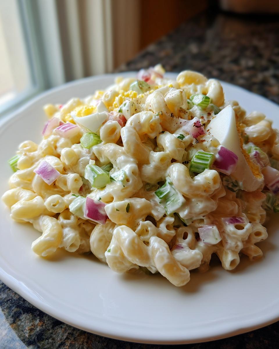 A close-up serving of creamy macaroni salad featuring elbow pasta, chopped celery, red onion, and hard-boiled egg.