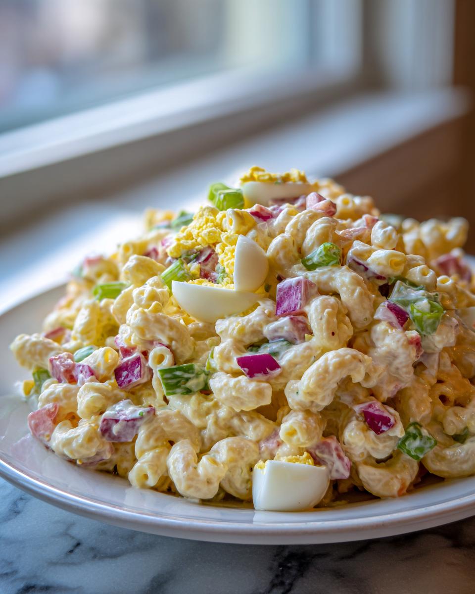 A generous serving of creamy macaroni salad mixed with red onion, celery, and topped with sliced hard-boiled eggs.