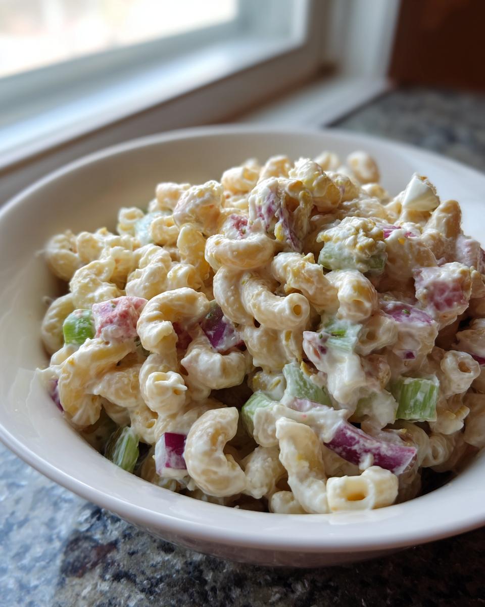 Close-up of creamy macaroni salad with visible chunks of red onion and celery in a white bowl.