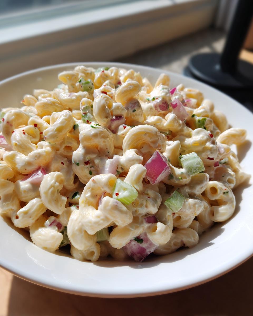 Close-up of creamy macaroni salad featuring elbow pasta, red onion, and celery in a white bowl.