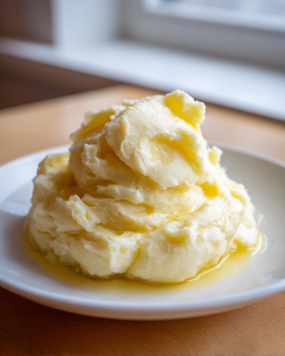 A generous serving of creamy, fluffy mashed potatoes recipe topped with melted butter pooling on a white plate.
