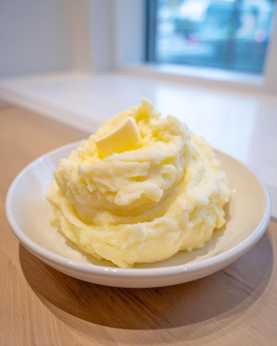 A serving of creamy, fluffy mashed potatoes recipe topped with a pat of melting butter in a white bowl.