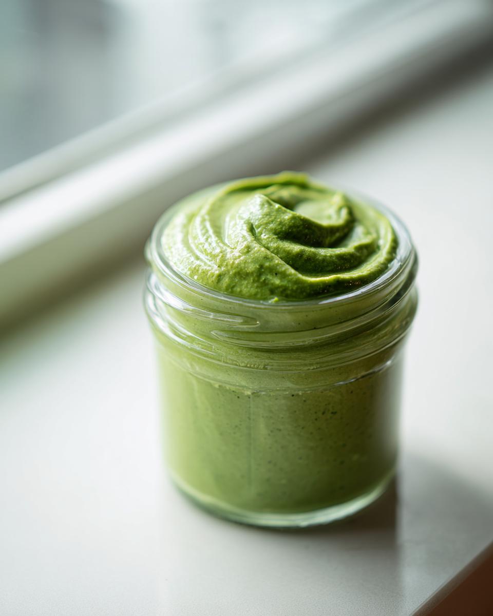 Close-up of creamy, vibrant green matcha chia pudding swirled beautifully in a small glass jar.