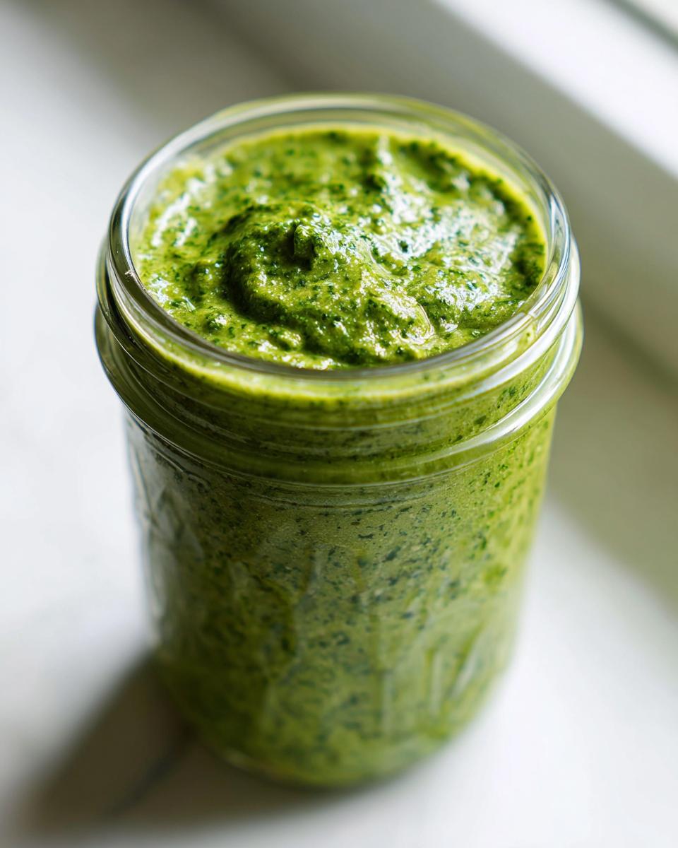 Close-up of vibrant green matcha chia pudding filling a glass jar, ready to eat.