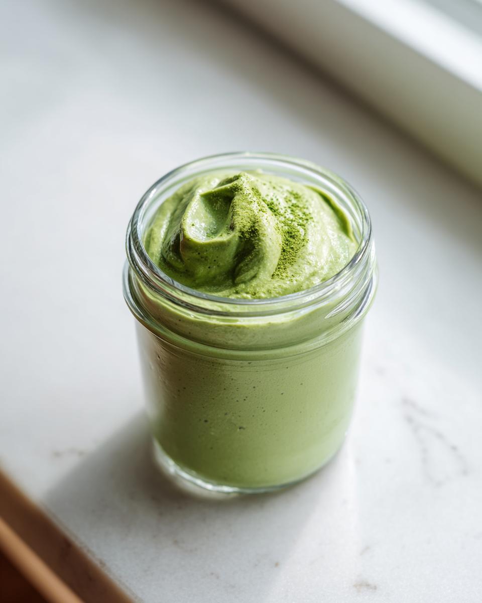 A close-up of creamy matcha chia pudding topped with a dusting of matcha powder in a small glass jar.