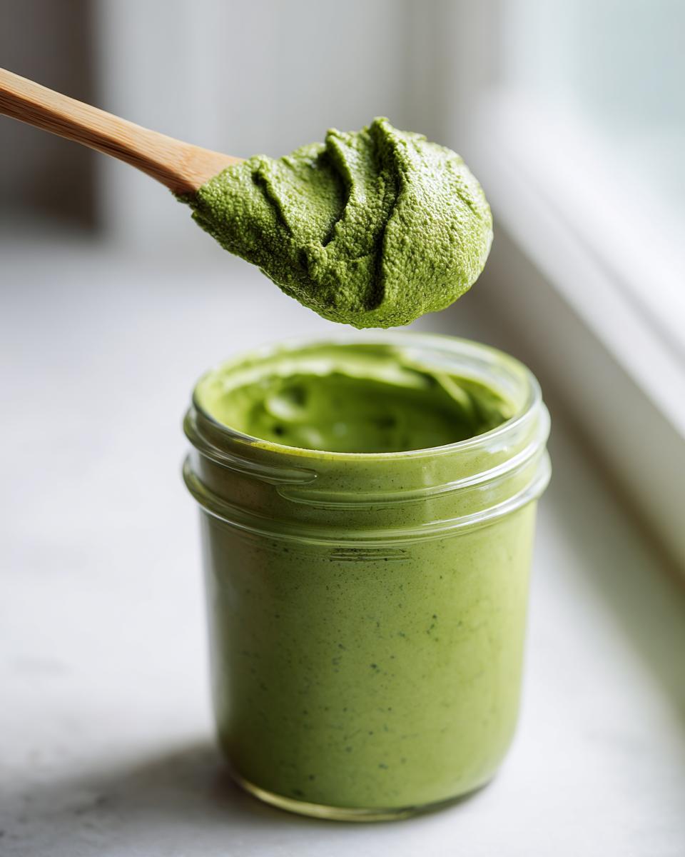 A wooden spoon lifts a thick, vibrant green scoop of matcha chia pudding from a glass jar.