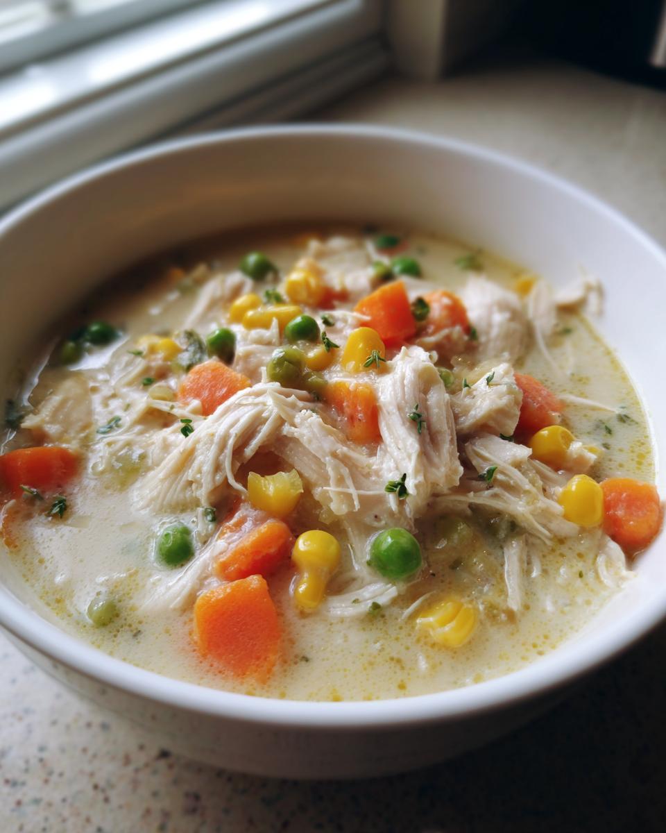 Close-up of a hearty bowl of creamy pot pie soup filled with shredded chicken, carrots, peas, and corn.