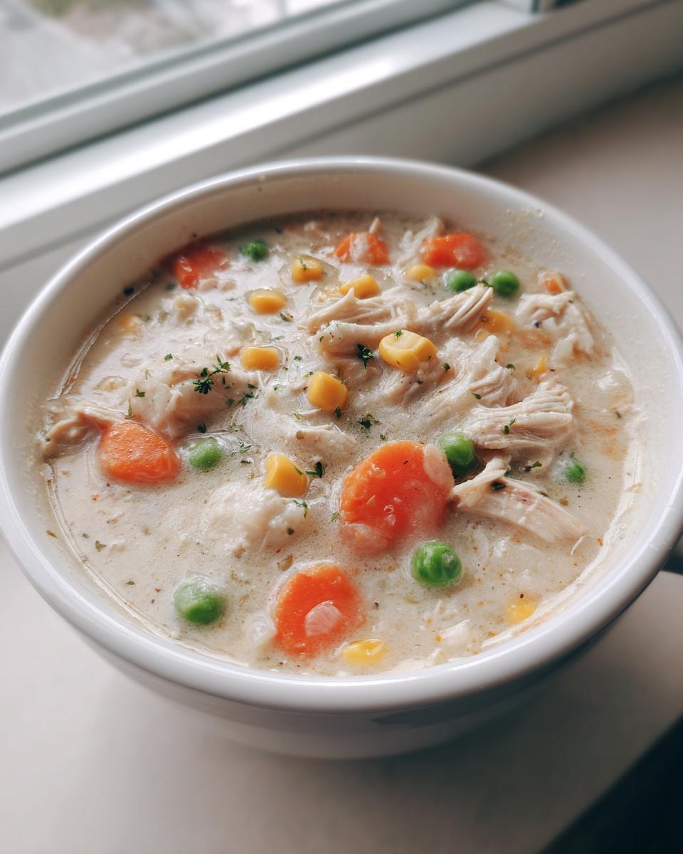 Close-up of a creamy bowl of pot pie soup with shredded chicken, carrots, peas, and corn.
