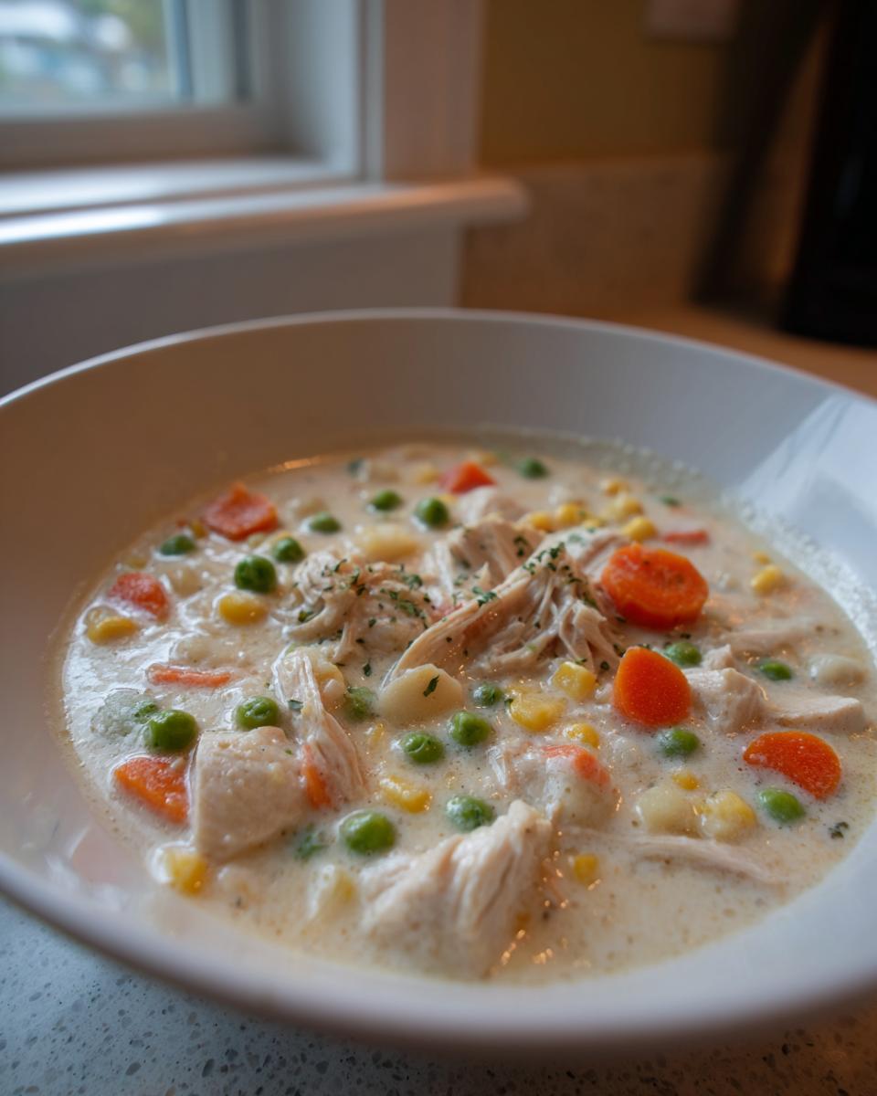 Close-up of a creamy bowl of pot pie soup featuring shredded chicken, carrots, peas, and corn.