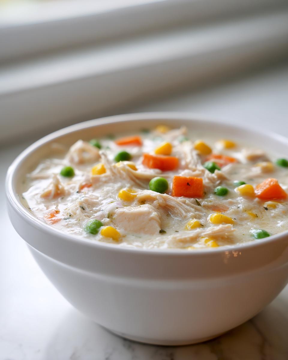 Close-up of a white bowl filled with creamy pot pie soup featuring shredded chicken, peas, corn, and carrots.
