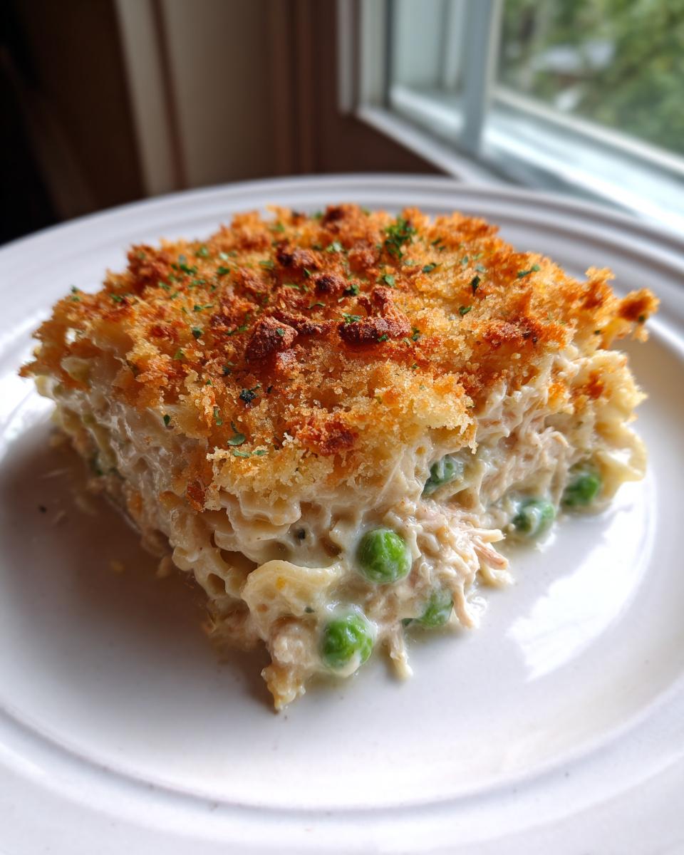 A square serving of creamy tuna noodle casserole with peas and a crunchy, golden breadcrumb topping.