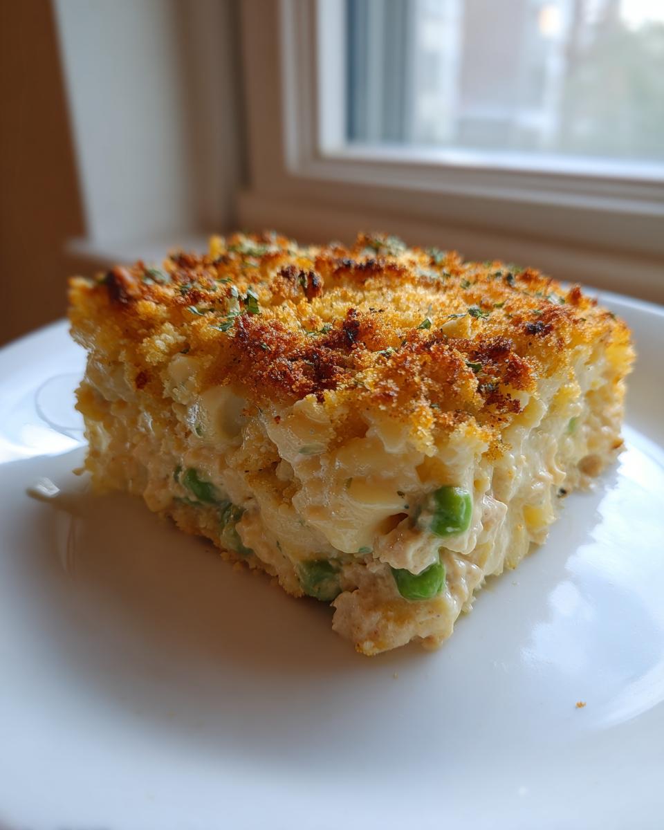 A square serving of creamy tuna noodle casserole featuring bright green peas and a golden, crispy breadcrumb topping.