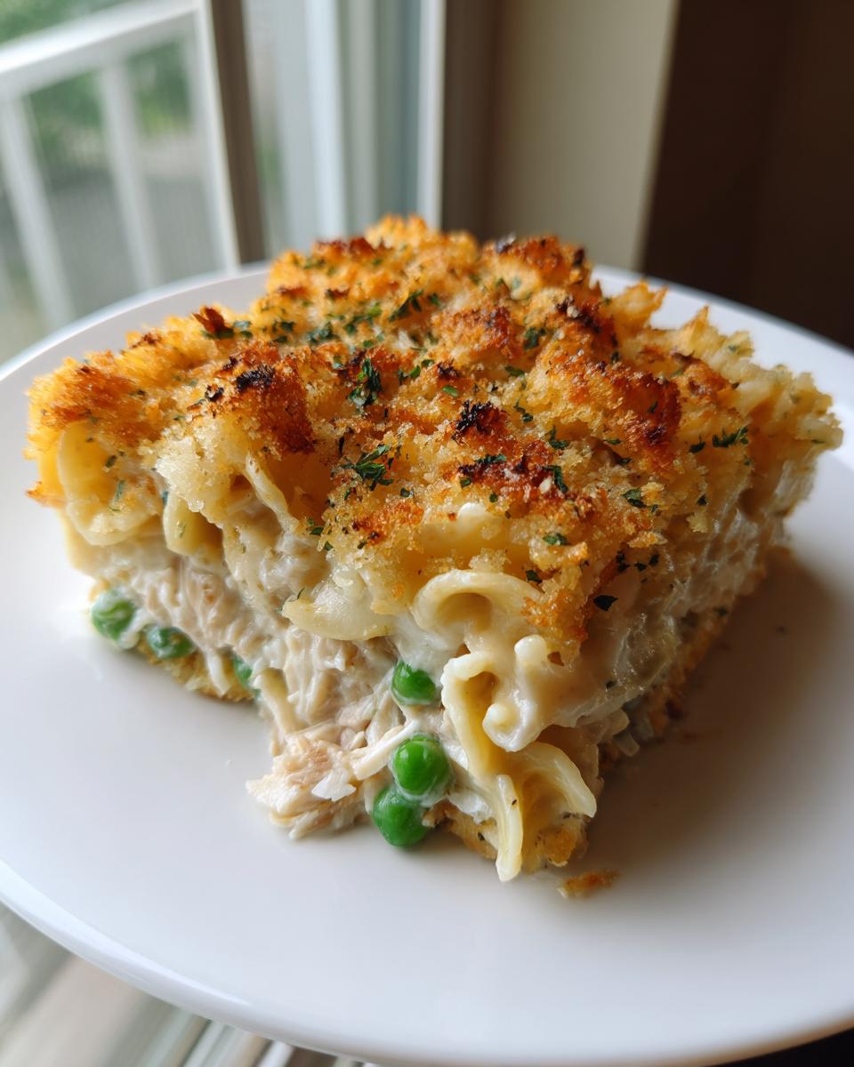 A square serving of creamy tuna noodle casserole with a golden, crunchy breadcrumb topping and green peas.