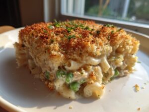 A thick slice of creamy tuna noodle casserole with bright green peas and a golden, crispy breadcrumb topping.