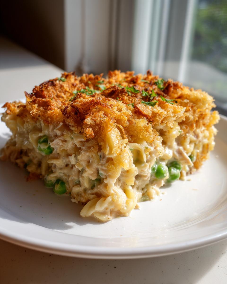 A square serving of creamy tuna noodle casserole topped with golden brown breadcrumbs and parsley.