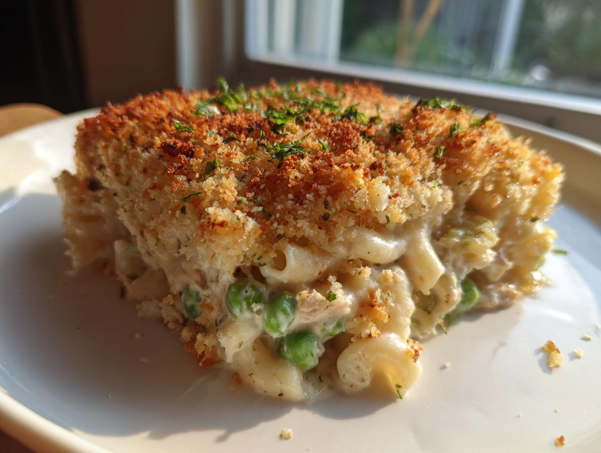 A thick slice of creamy tuna noodle casserole with bright green peas and a golden, crispy breadcrumb topping.