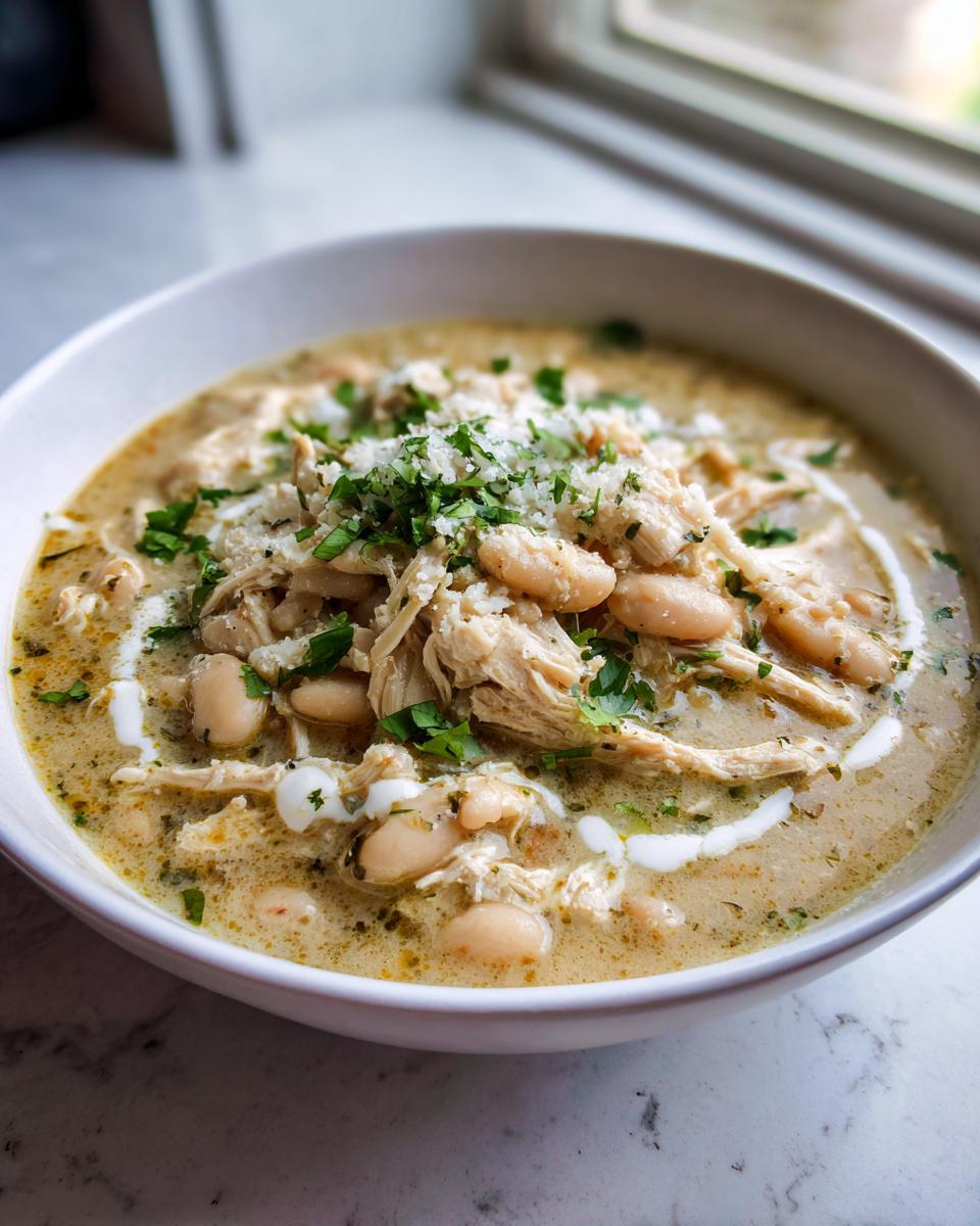 A close-up of a bowl of creamy white chicken chili loaded with shredded chicken and white beans, topped with cheese and cilantro.