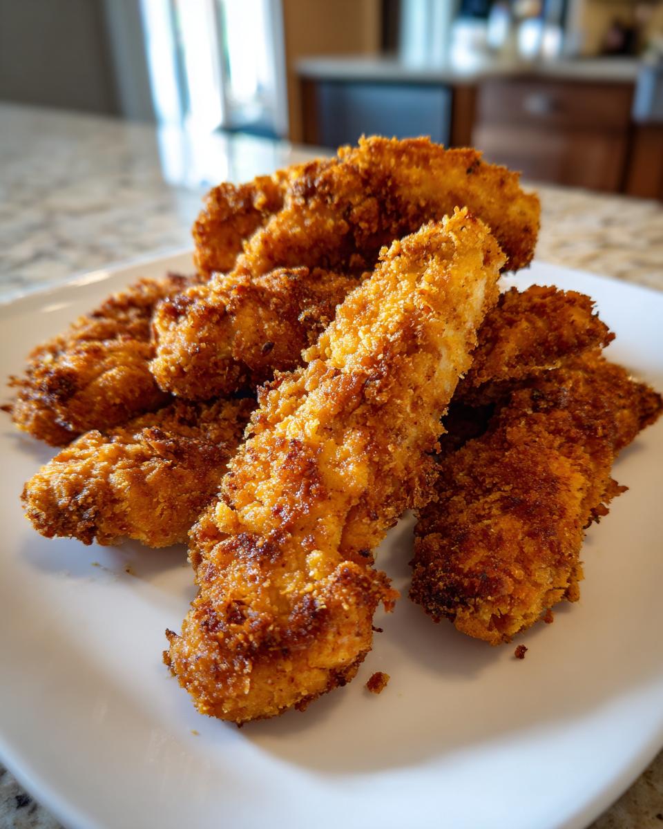 A close-up of several crispy, golden brown air fryer chicken tenders piled on a white plate.