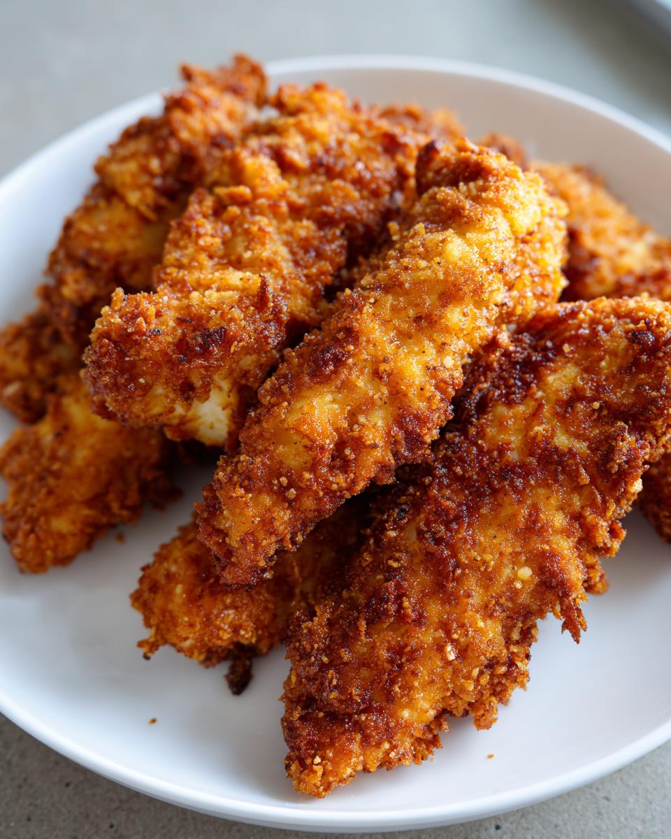 A close-up shot of a pile of golden brown, crispy air fryer chicken tenders served on a white plate.