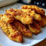 A close-up of several golden brown, crispy air fryer chicken tenders piled on a white plate.