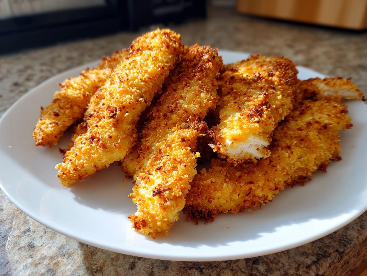 A pile of golden brown, crispy air fryer chicken tenders stacked on a white plate.