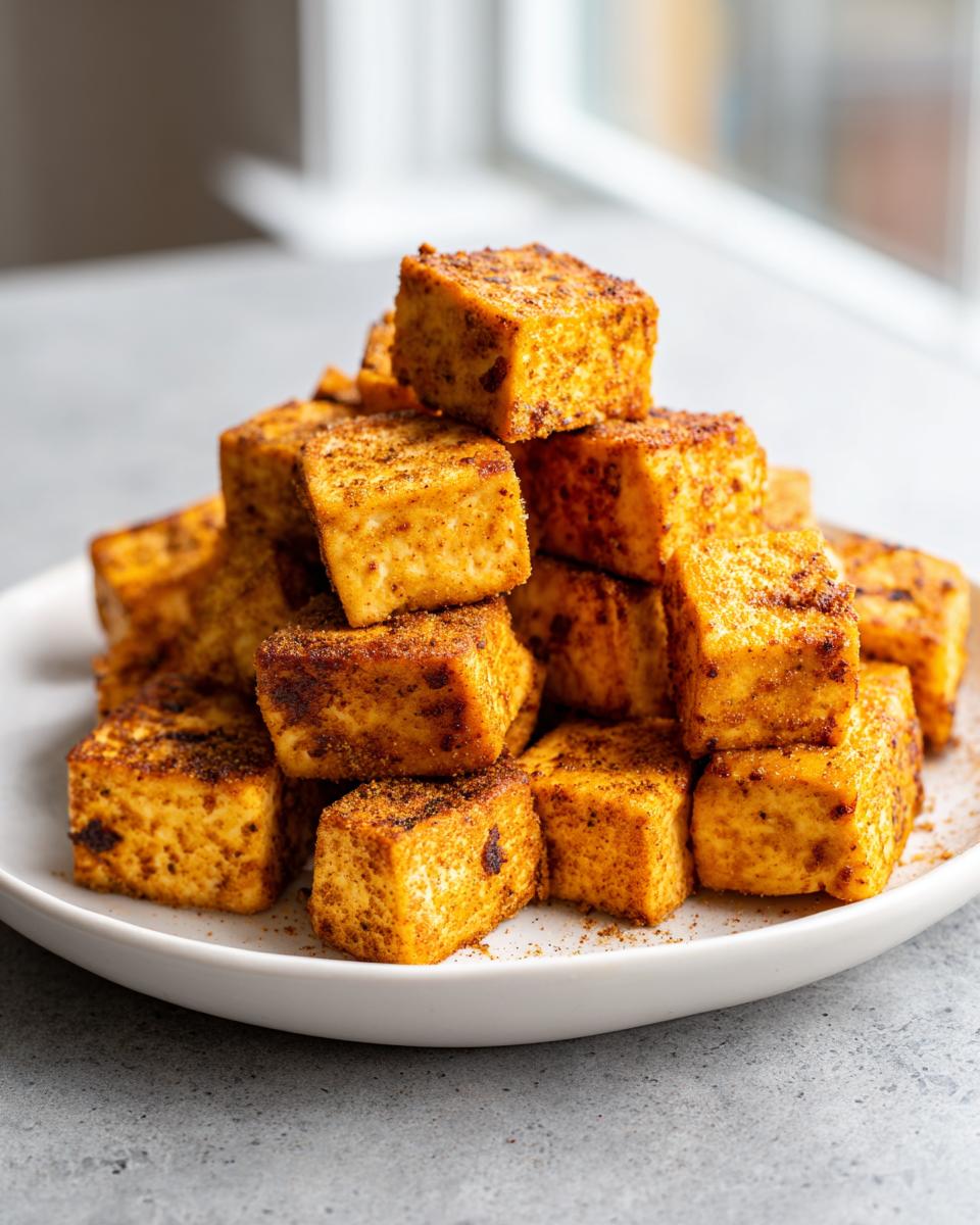A stack of golden brown, crispy seasoned air fryer tofu cubes piled high on a white plate.