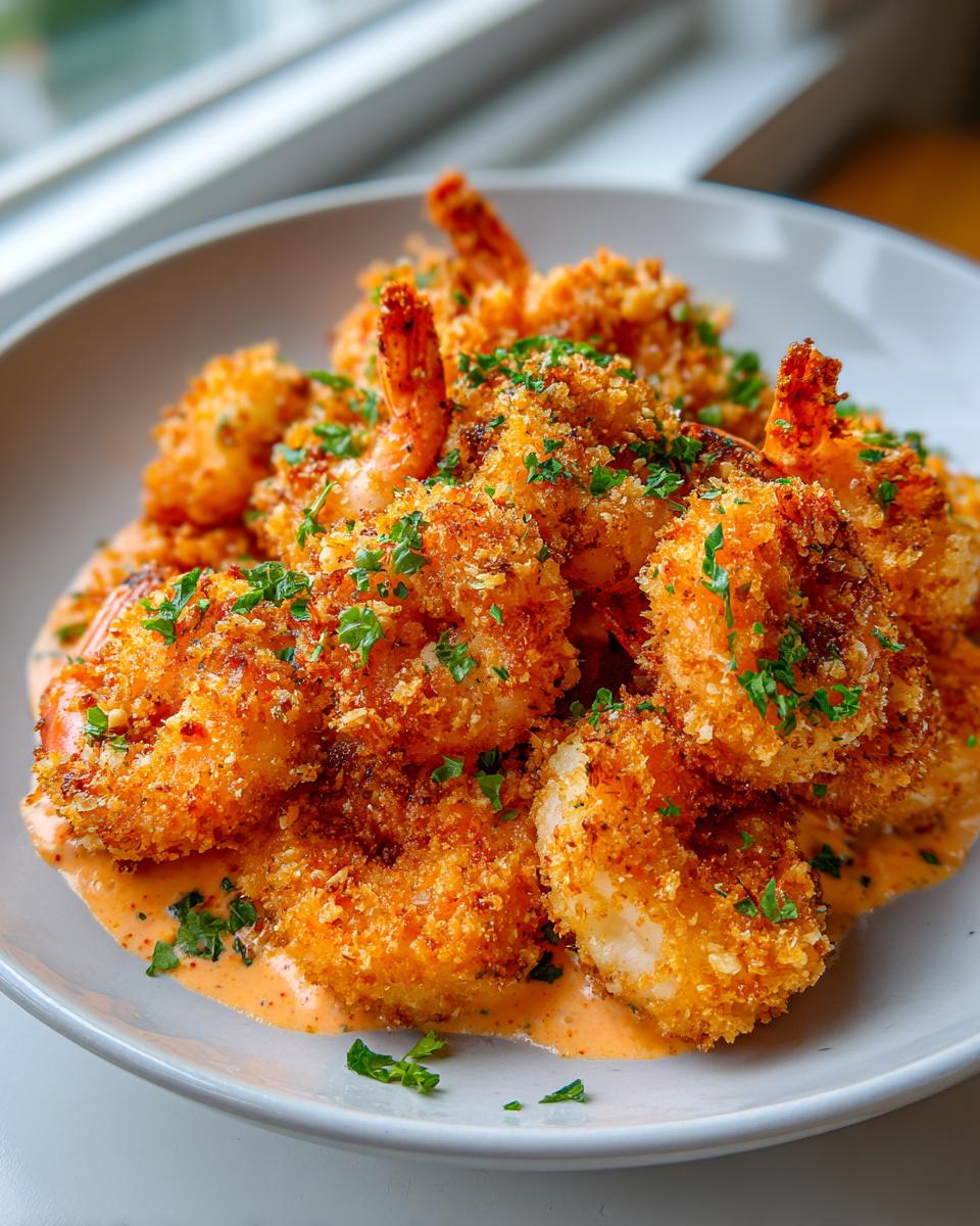 Close-up of crispy, golden brown bang bang shrimp piled in a bowl over a creamy orange sauce, garnished with parsley.