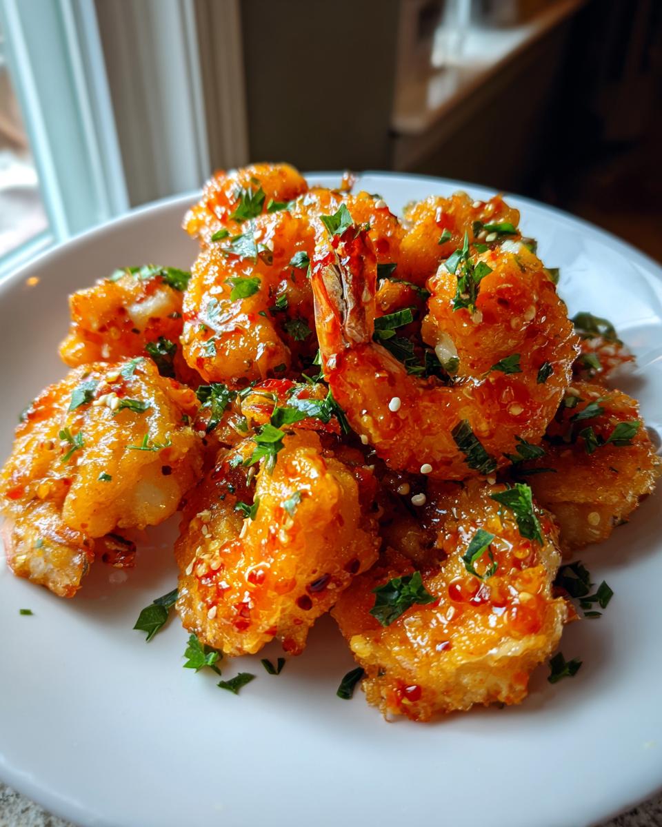 A close-up shot of crispy, saucy bang bang shrimp garnished with chopped parsley and sesame seeds on a white plate.