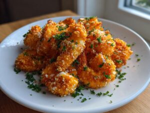 A mound of crispy, golden-brown bang bang shrimp drizzled with sauce and topped with fresh parsley on a white plate.