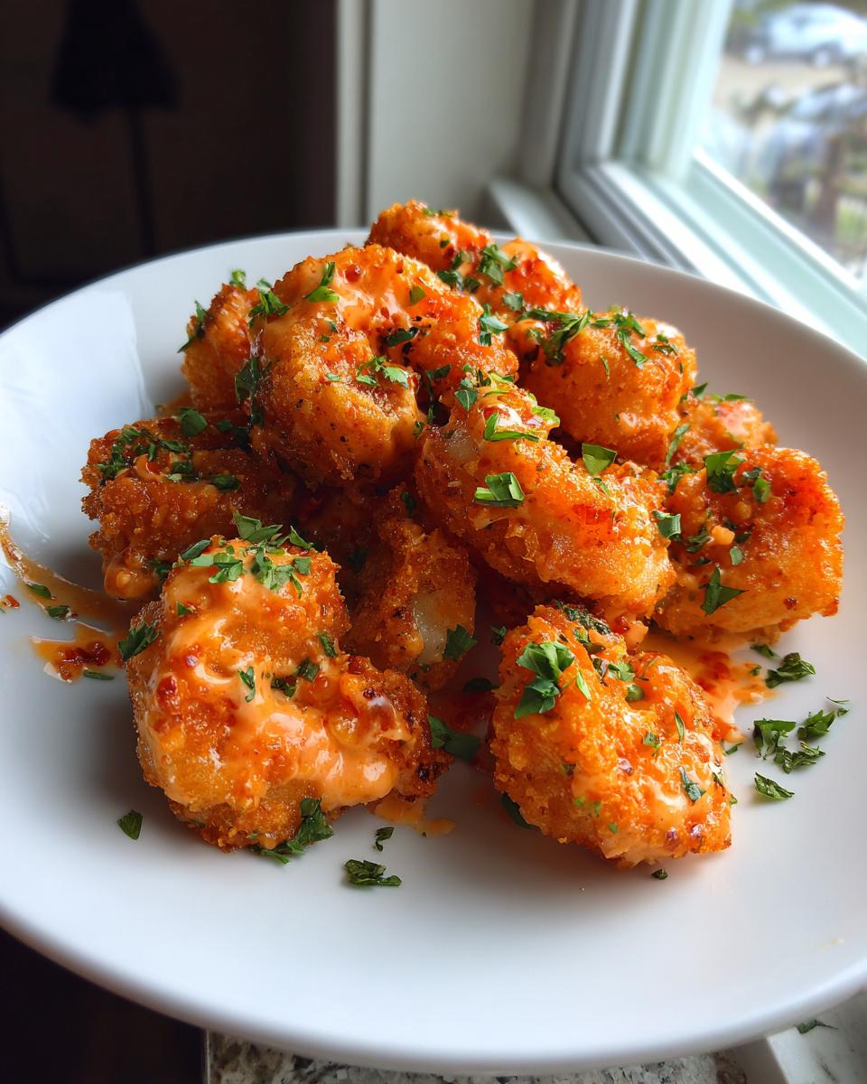 A plate piled high with crispy, golden brown bang bang shrimp coated in a creamy orange sauce and topped with fresh parsley.