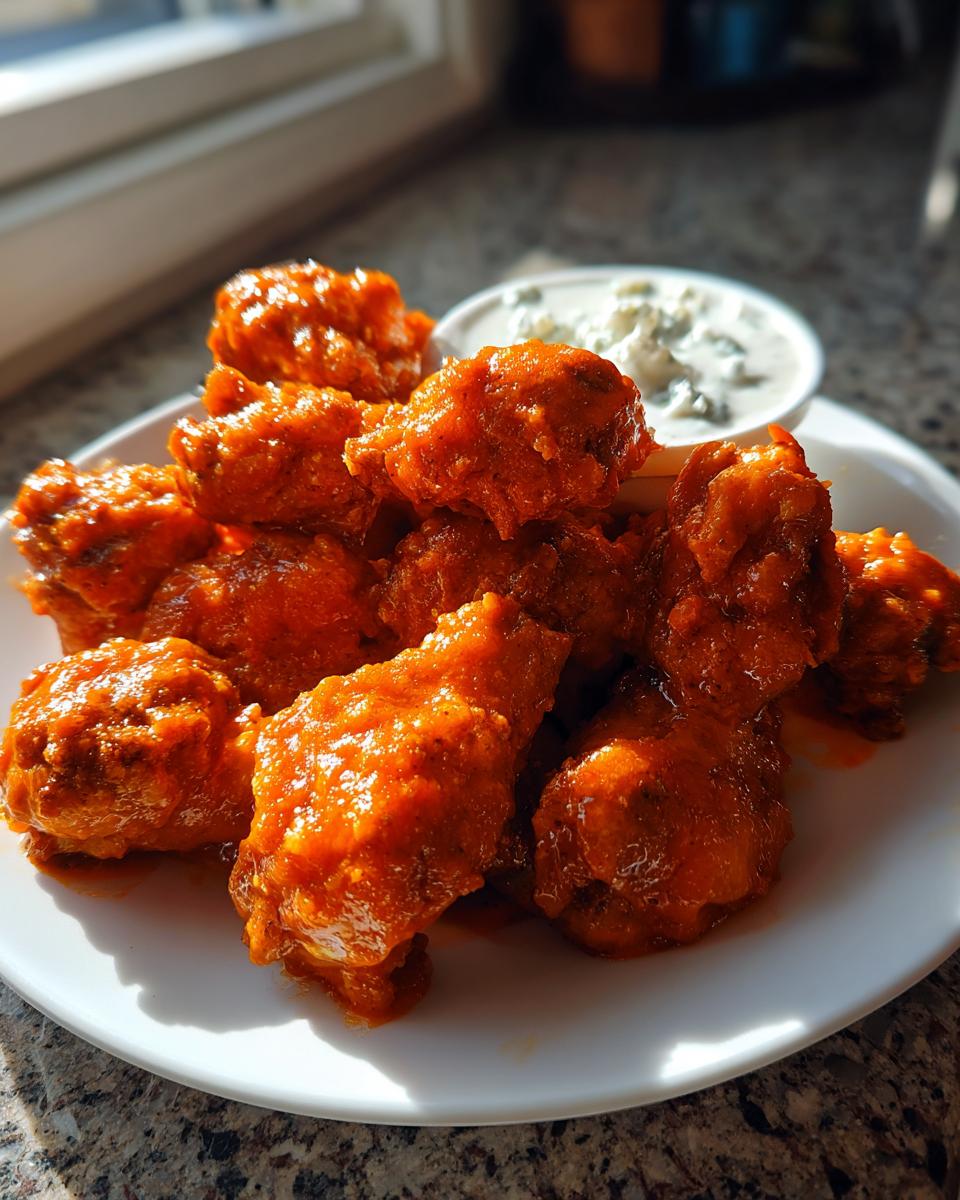 A plate of saucy, bright orange buffalo wings served with a small bowl of blue cheese dressing.
