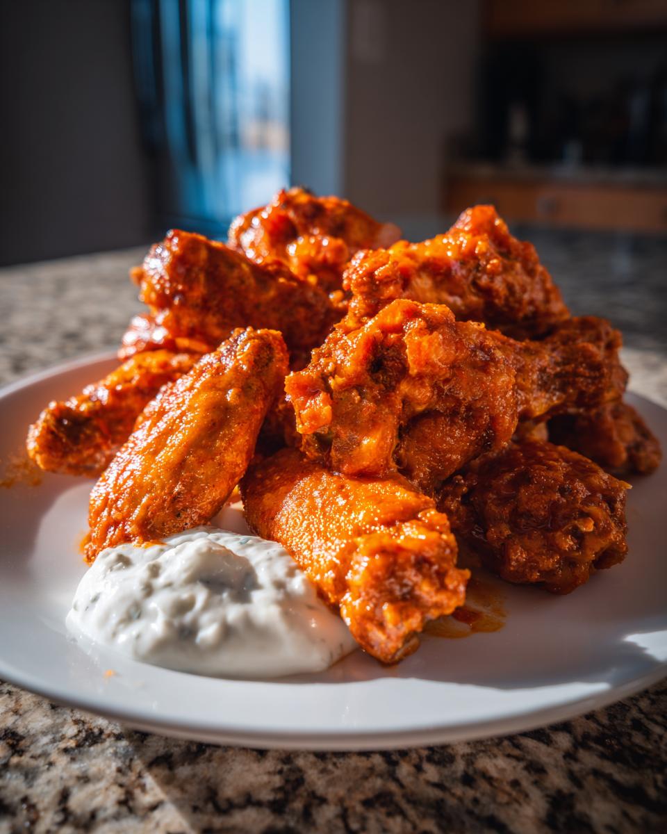 A pile of saucy, crispy buffalo wings served on a white plate next to a dollop of blue cheese dressing.