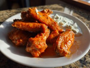 A plate of saucy, orange buffalo wings served with a side of creamy blue cheese dressing.