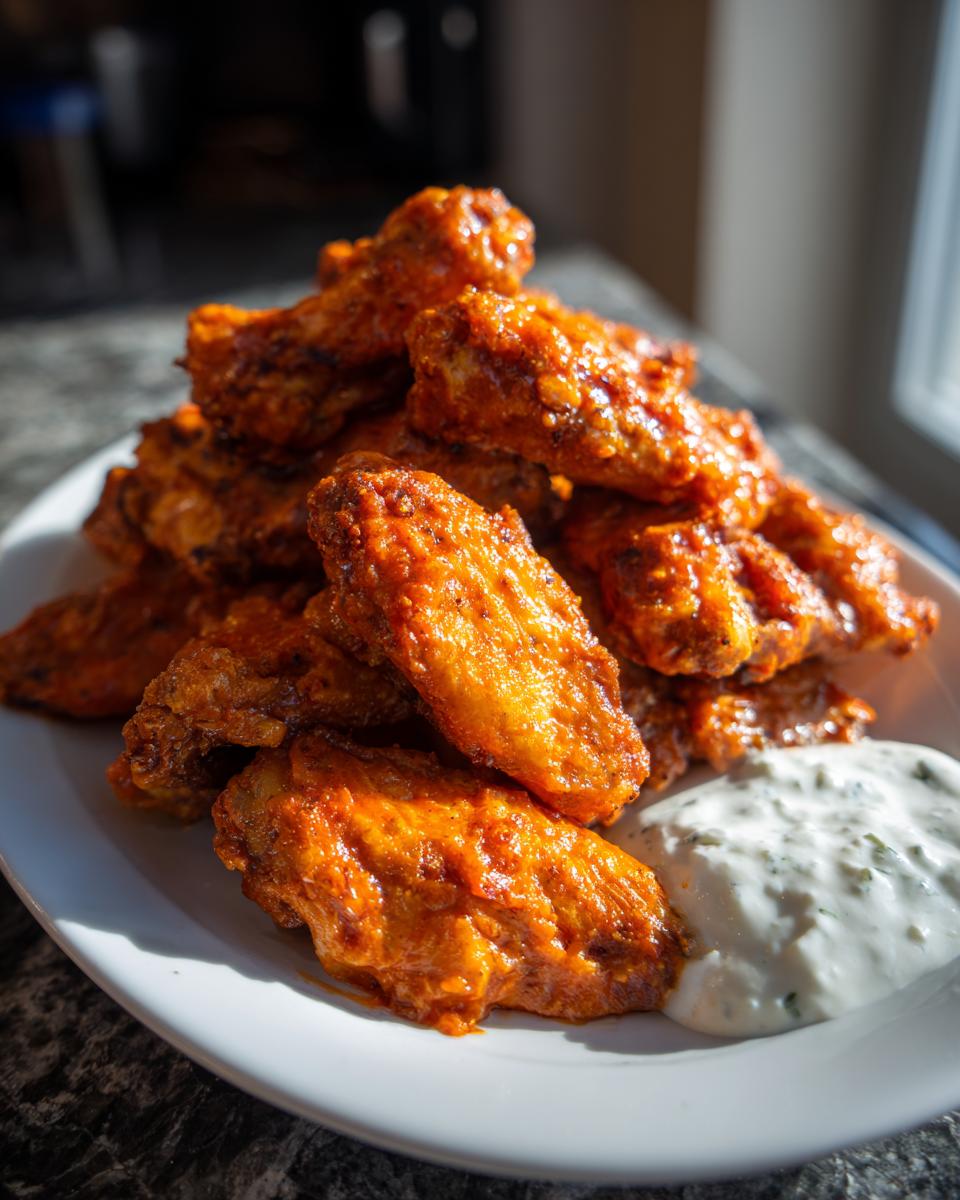 A tall pile of crispy, bright orange buffalo wings served on a white plate next to a dollop of ranch or blue cheese dressing.