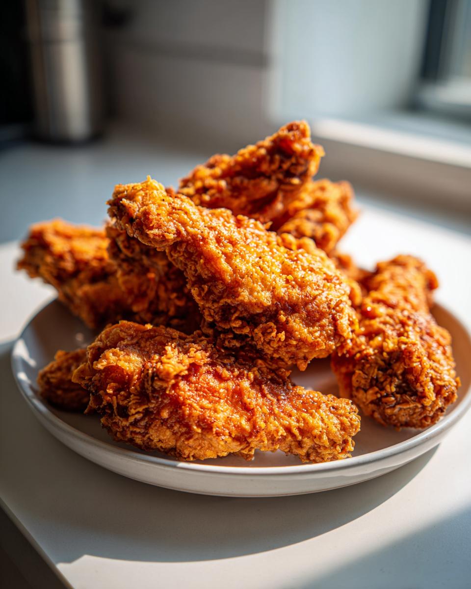 A close-up of golden brown, extra crispy fried chicken wings piled high on a white plate.