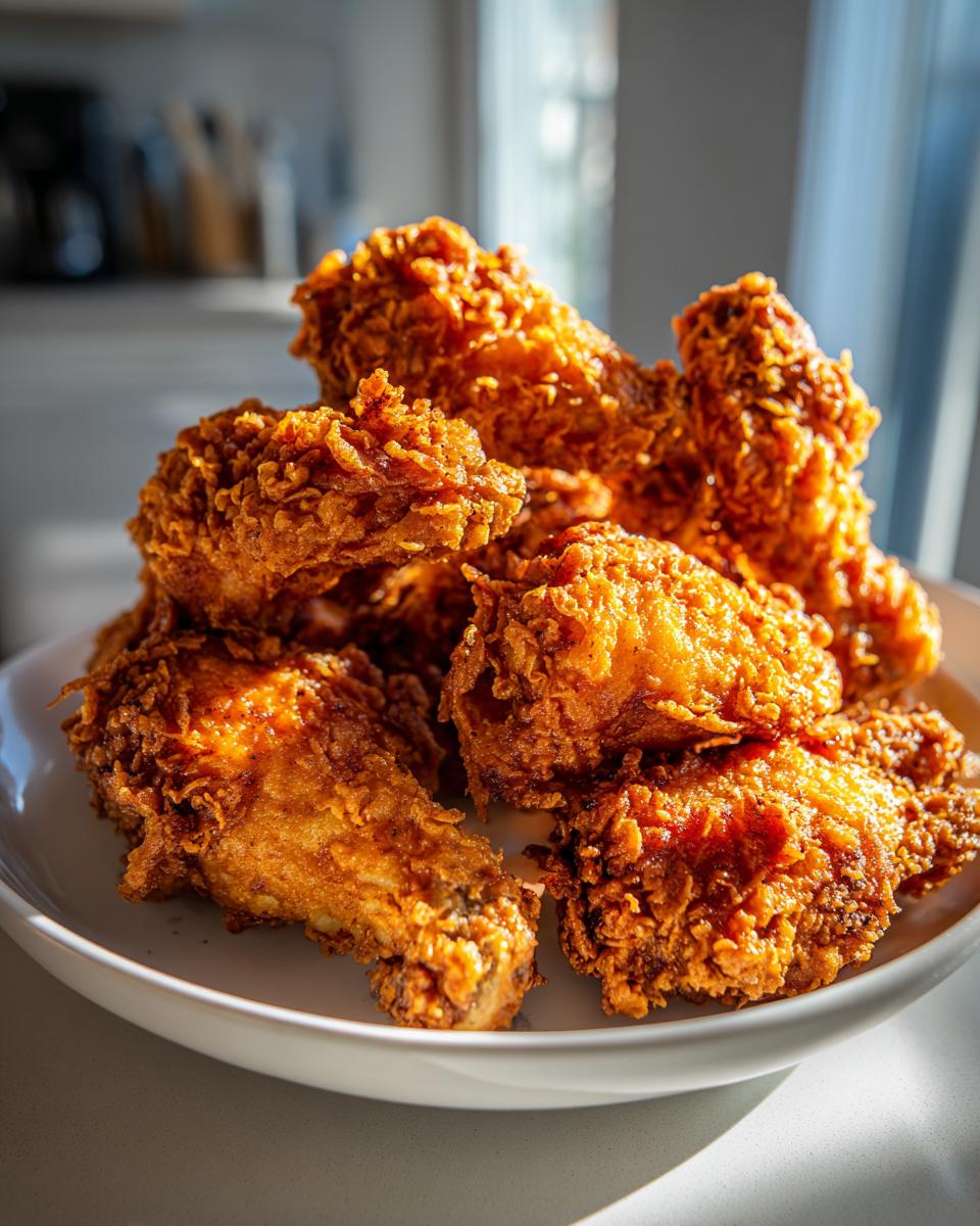 A close-up of a pile of golden brown, extra crispy fried chicken wings stacked high on a white plate.