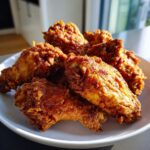 A close-up of several golden-brown, extra-crispy fried chicken wings piled high on a white plate.