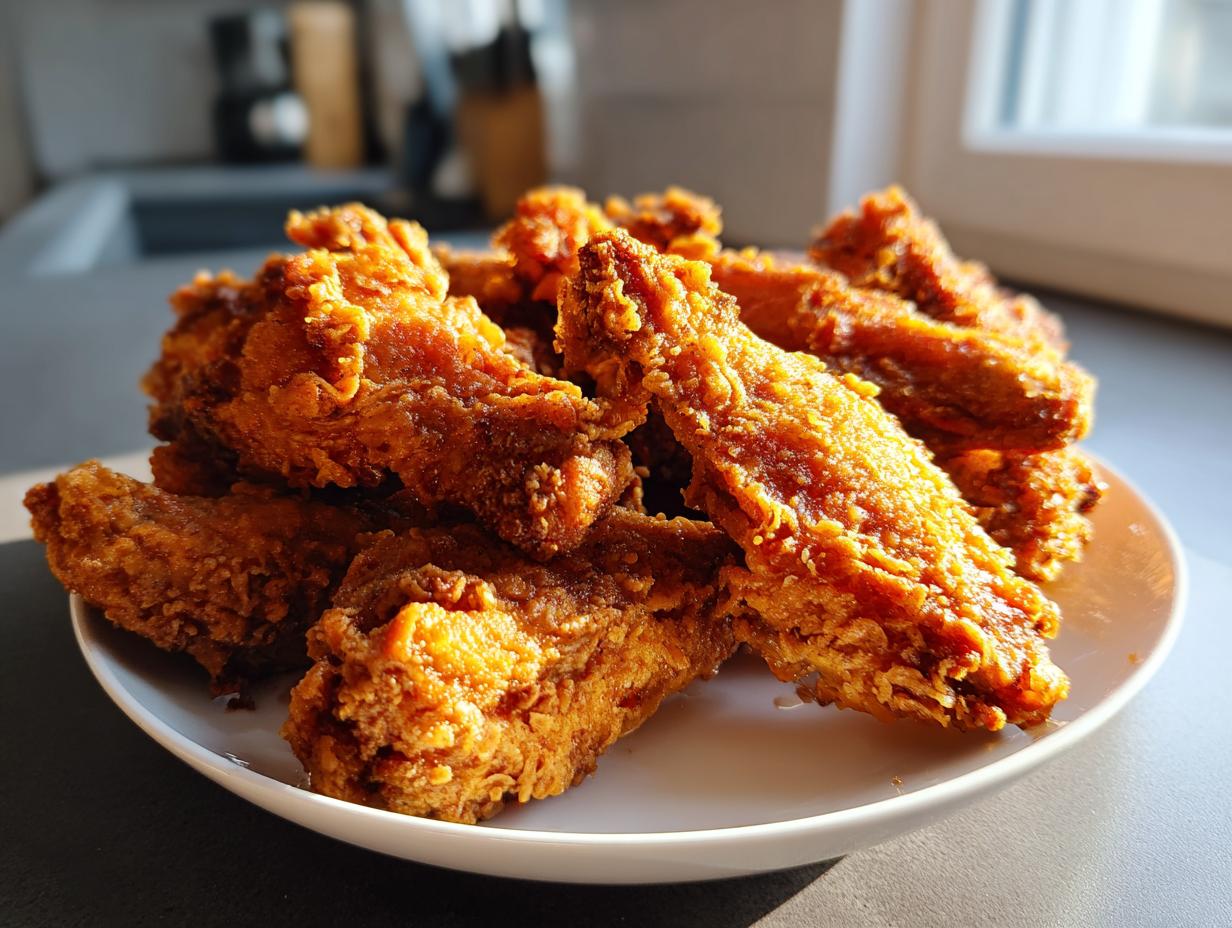 A close-up photo of a mound of golden brown, extra crispy fried chicken wings piled high on a white plate.