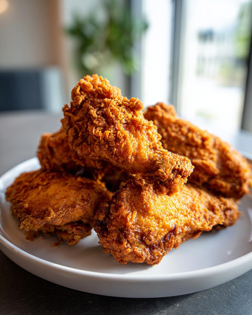 Close-up of a pile of golden brown, extra-crispy fried chicken wings served on a white plate.