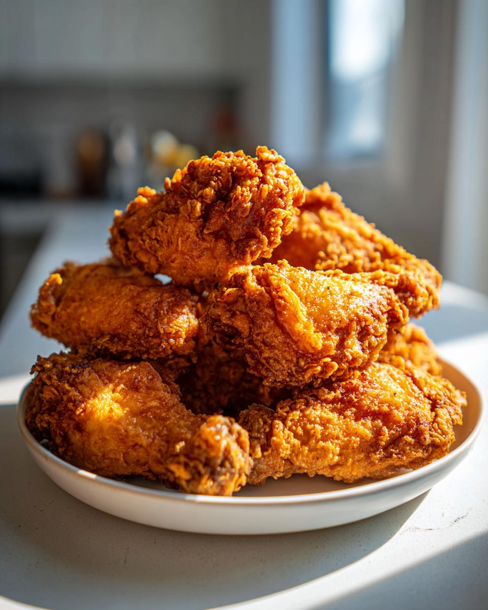 A close-up of a stack of golden brown, extra crispy fried chicken wings on a white plate.