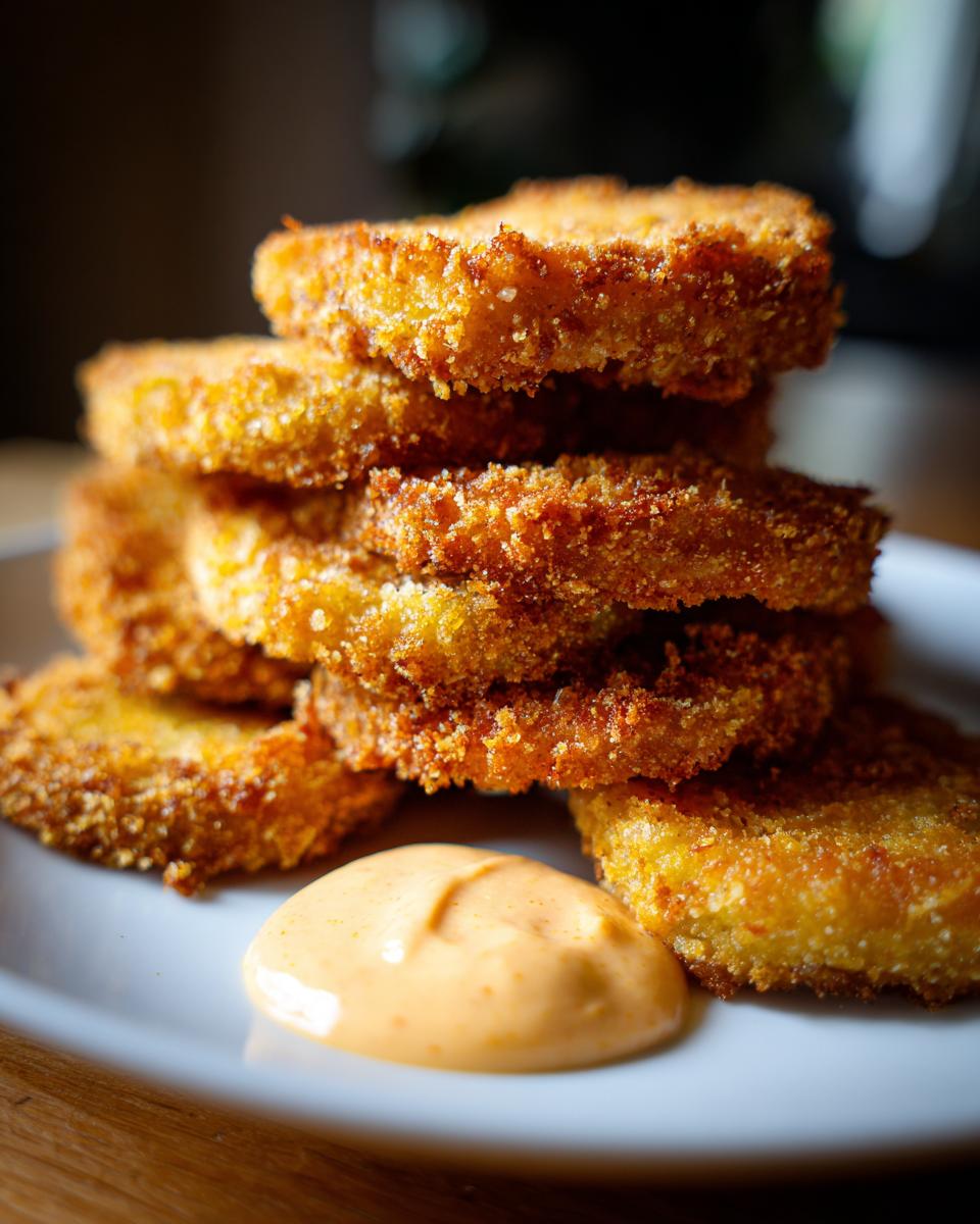 A tall stack of golden brown, crispy fried green tomatoes served on a white plate with a dollop of dipping sauce.