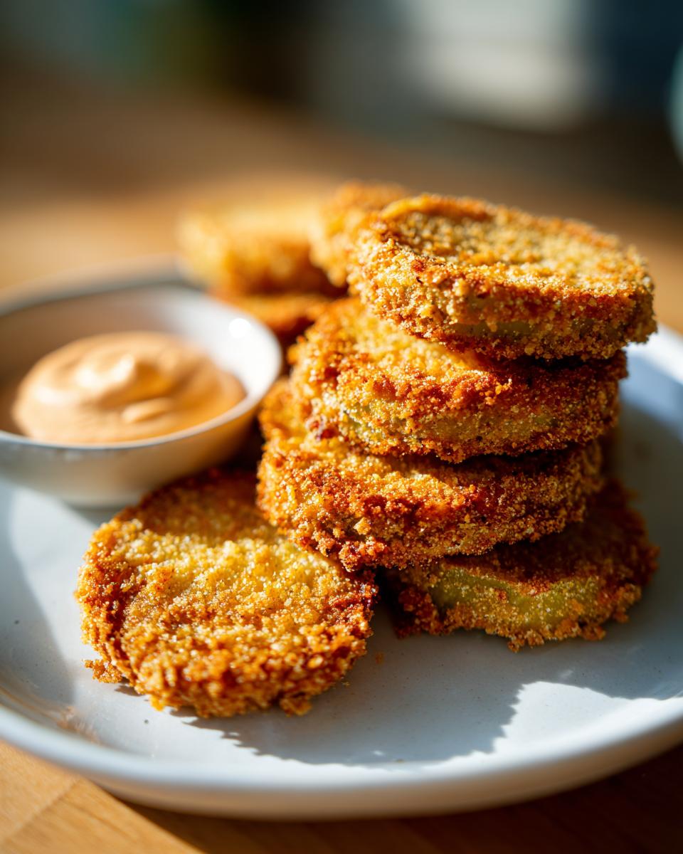 A stack of golden brown, crispy fried green tomatoes served on a white plate next to a dipping sauce.